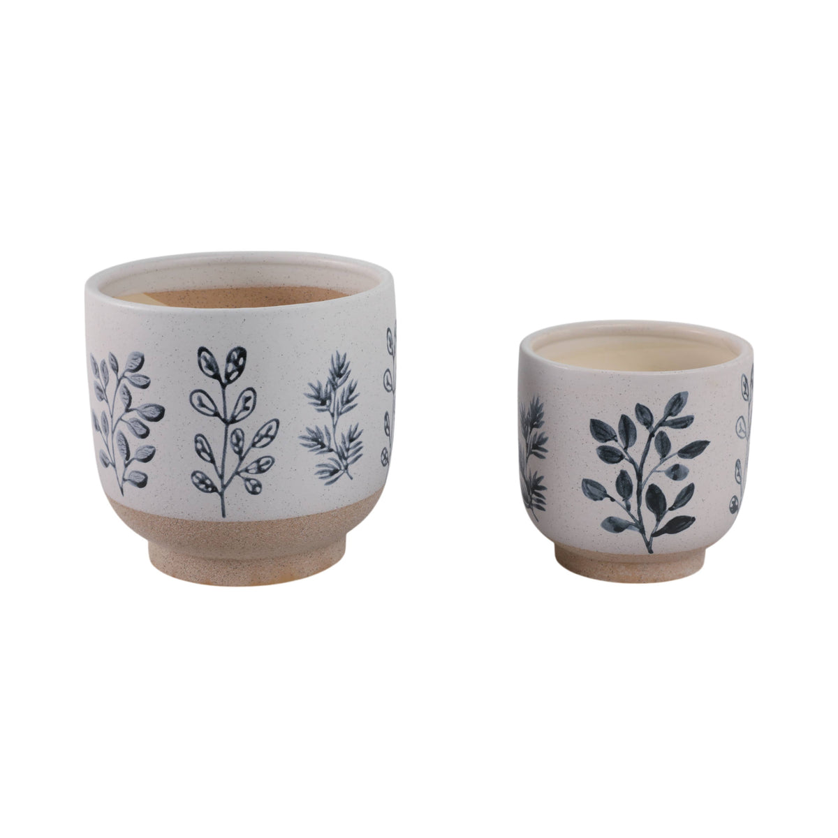 Plant Pot Set of 2 - Blue/White Ceramic Painted Leaf, 6/8 in - Glass Garden Studio