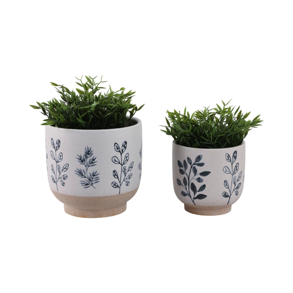 Plant Pot Set of 2 - Blue/White Ceramic Painted Leaf, 6/8 in - Glass Garden Studio